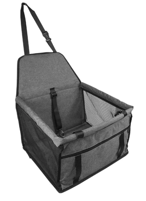 Gray pet car seat with mesh sides on a white background